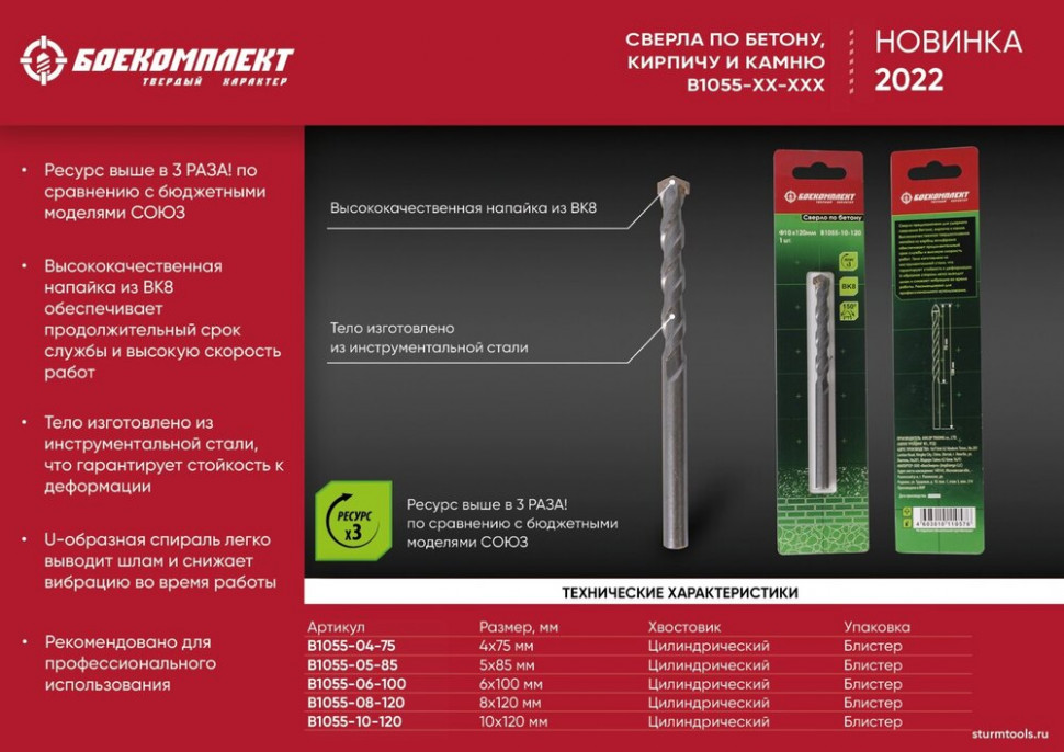 Сверло по бетону, 10x120мм, плоский резец ВК8, цилиндрический хвостовик, БОЕКОМПЛЕКТ в Ростове-на-Дону в Ростове-на-Дону