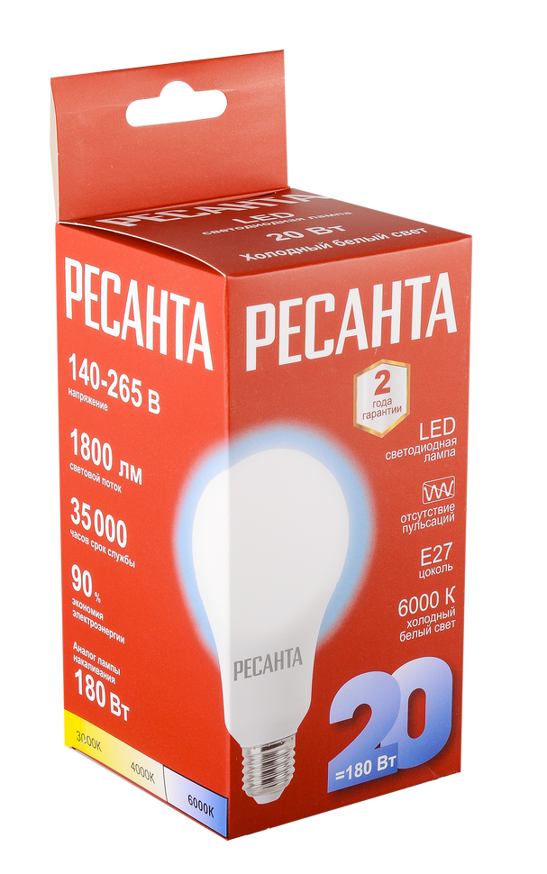 Лампа светодиодная Ресанта LL-R-A80-20W-230-6K-E27 в Ростове-на-Дону в Ростове-на-Дону