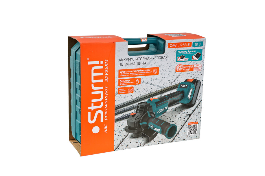 CAG18125BLE  УШМ аккумуляторная б/щ Sturm!, 18В, 1BatterySystem, 125мм, плавн пуск, 1х4Ач,кейс