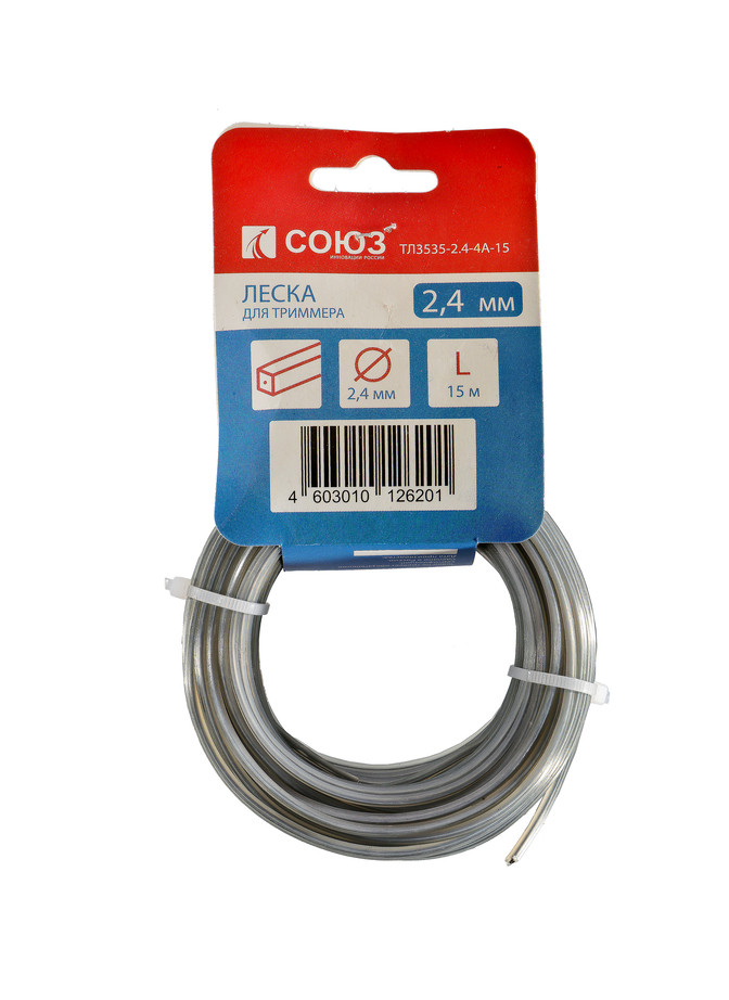 Леска для триммера, d=2.4 мм, l=15 м, квадрат усилен., желтый, СОЮЗ