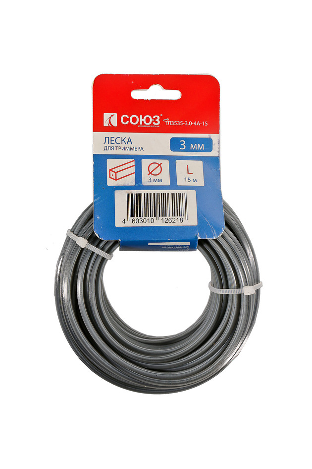 Леска для триммера, d=3.0 мм, l=15 м, квадрат усилен., желтый, СОЮЗ